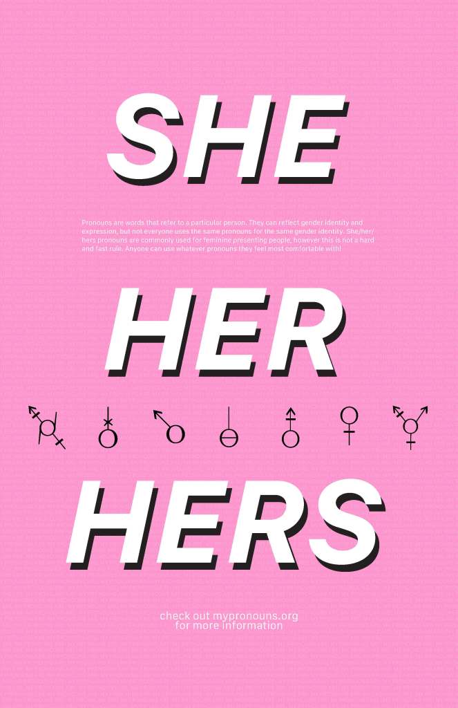 Second version of poster focusing on she/her/hers with a pink background.