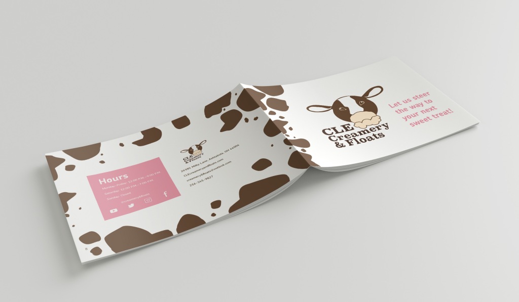 Mockup of the front and back cover of the CLE Creamery & Floats brochure.